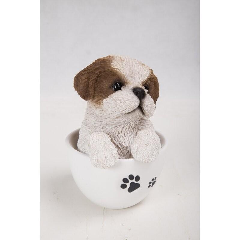 ポリレジン製 ガーデン彫像 ティーカップに入ったシーズーの子犬