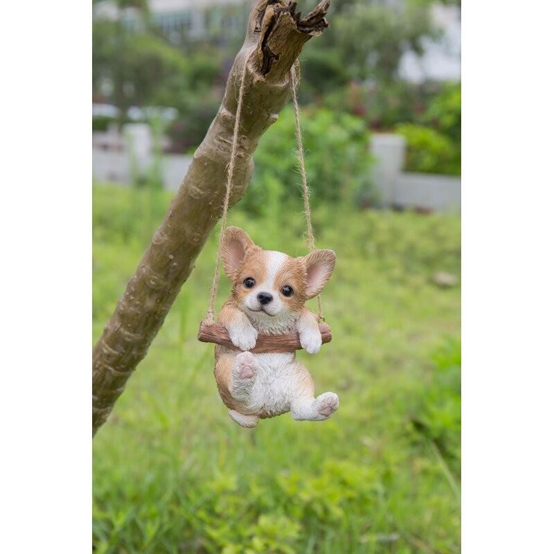ポリレジン製 ガーデン彫像 動物 犬 ぶら下がって遊んでいるヨークシャーテリアの子犬の像 置物 ガーデニング 庭 イヌ 玄関 インテリア_5