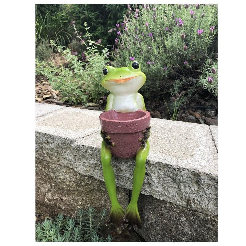ポリレジン製 ガーデン彫像 動物 蛙 鉢を抱えて座っているカエルの像