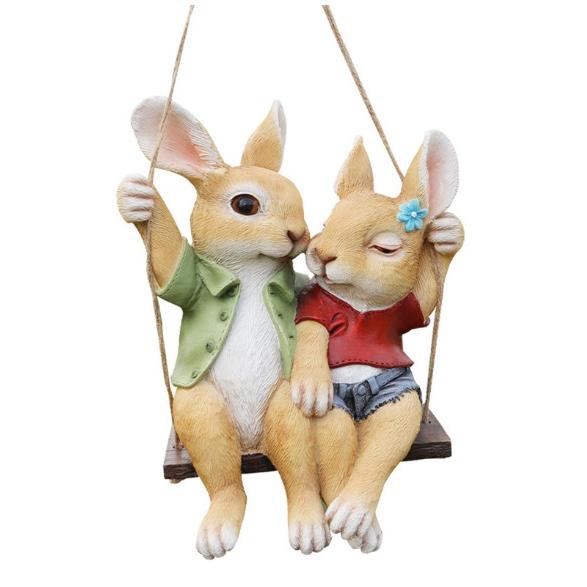 仲良くブランコに乗るウサギのカップル像 置物 インテリア