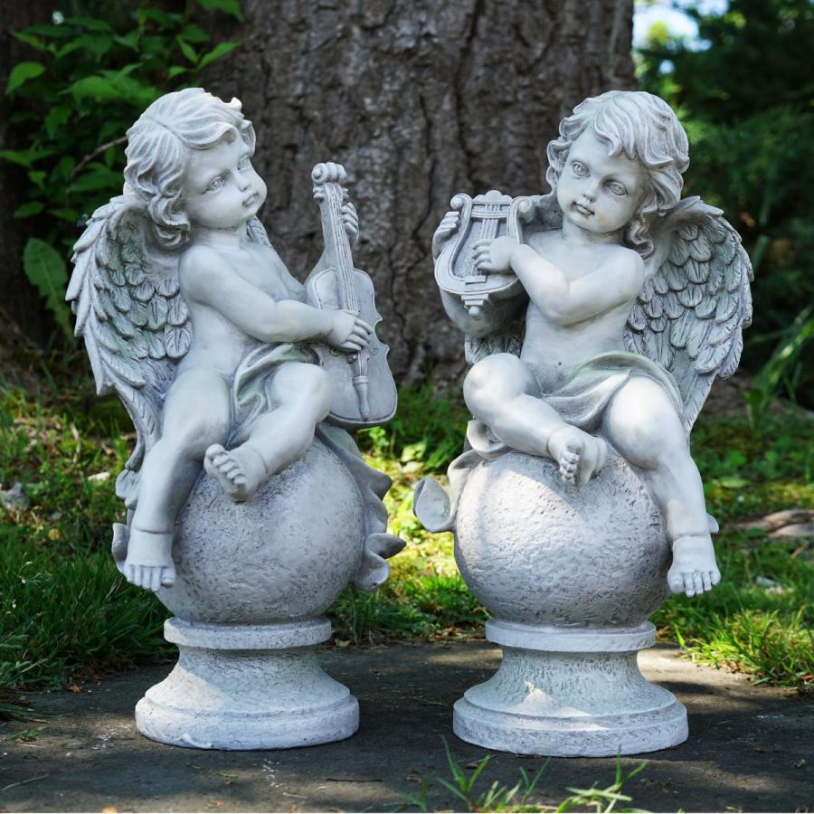 【本物保証】 ヴァイオリンとハープを奏でる天使 ケルビムの天使の像 置物 ガーデン オブジェ、置き物