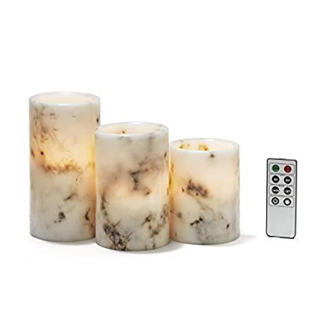【あすつく】 of (Set 3) Wh & Black LEDs, White Warm Candles, Pillar Flameless Marble 3 - テーブルライト