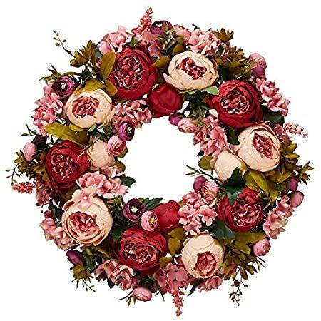 Bernice 19インチ 緑の葉 人工牡丹リース 咲き乱れるシルクフラワー 牡丹の花 窓