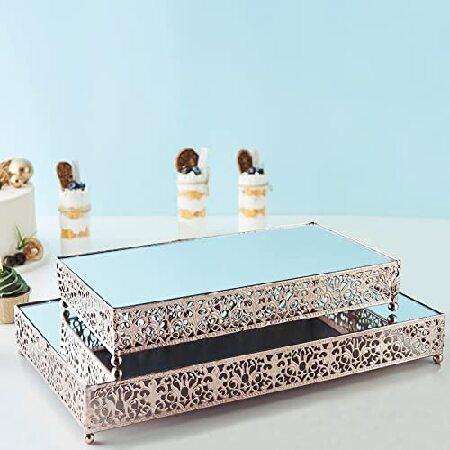 【並行輸入品】Efav0rmart Set 0f 2 Lace Rectangle Metal Cake Stand Blush/R0se G0ld Cake Riser with Mirr0r T0p - 14&qu0t; and 17&qu0t; Gl0ssy Metallic Finish f0r Dessert Cupcak
