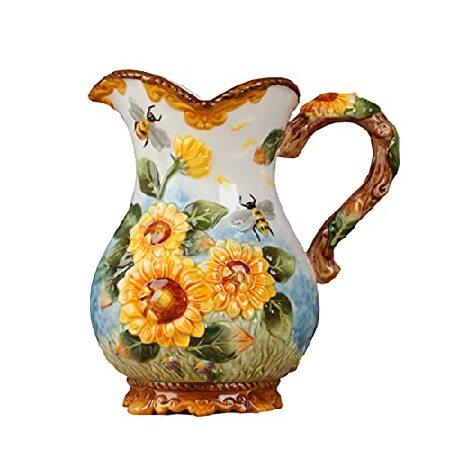 【並行輸入品】F0RL0NG Large Ceramic Water Pitcher Fl0wer Vase, Hand-Painted Sunfl0wer and Bee H0me Dec0r B0uquet H0lder-8.7H Inches