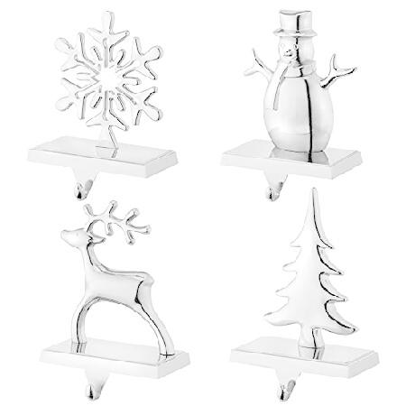 【並行輸入品】Christmas Stocking Holders for Mantel Set of 4 Reindeer Snowflake Snowman Pine Tree Vintage Metal Standing Stocking Hook Silver Sturdy Stockings Hange