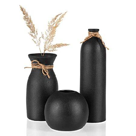 【並行輸入品】Crutello セラミック花瓶セット - 3つのブラックテクスチャ花瓶 - 素朴な花瓶セット マントル/本棚/テーブル/玄関に最適な室内装飾