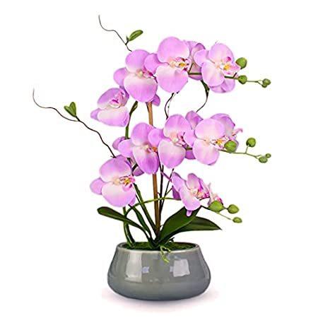 ブランド品 オーキッド造花 グレーの花瓶付き 大きなシルク 人工胡蝶蘭の花 ダイニング