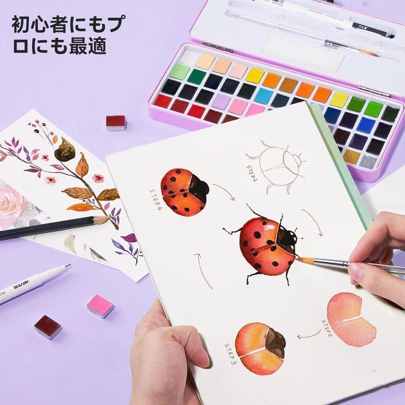 MeiLiang 52 色水彩絵の具セット、描画用鉛筆、ペイント ブラシ、水彩紙 5 枚、スポンジ、黒の描画ペン付き、子供と大人用の画材 旅｜bgl-store｜08
