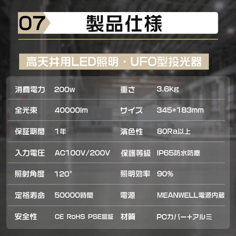 15個セット 高天井用照明 LEDハイベイライト 200W 2000W相当 超爆光40000ルーメン 新型UFO型 IP65防水 工場用LED LED高天井灯 120度ビーム角度 色選択 - 5