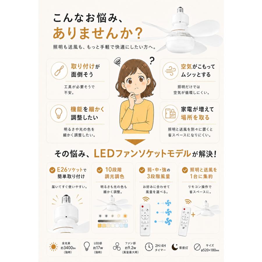 シーリングファン E26 led 軽量 シーリングファンライト 8畳 調光調色