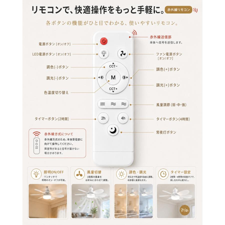 シーリングファンライト 8畳 LED おしゃれ 調光調色 E26口金 リモコン