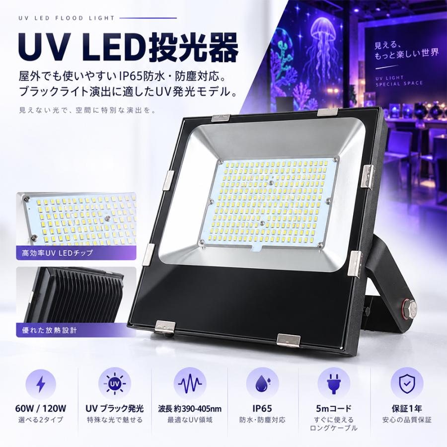 ブラックライト UV LED投光器 60W 120W 紫外線ライト 390-405nm 超薄型