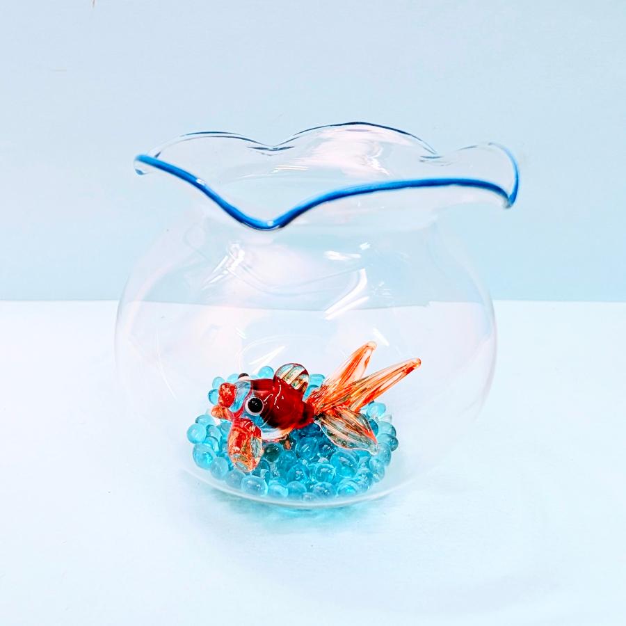 ガラス細工 金魚鉢と金魚（L）赤クリア 砂付 ミニチュア 雑貨 置物