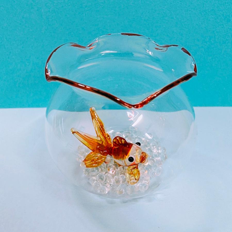 ガラス細工 金魚鉢と金魚（L）赤クリア 砂付 ミニチュア 雑貨 置物