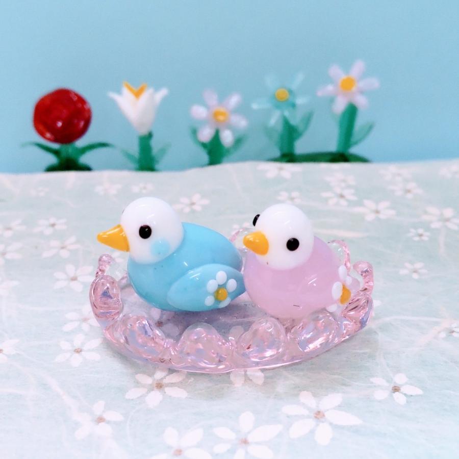 ガラス細工 カゴペア 花インコ 青/ピンク ミニチュア 置物 雑貨 花