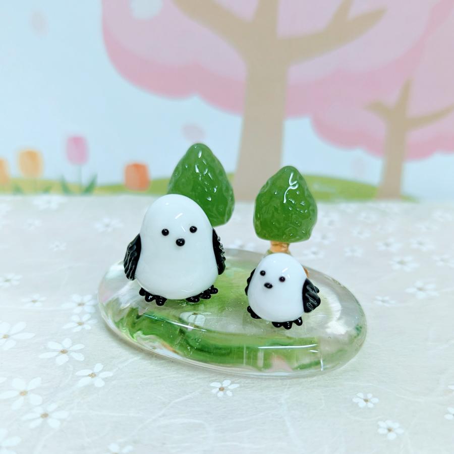 ガラス細工 シマエナと森ペア(L) 黒 ミニチュア 置物 雑貨 動物 鳥