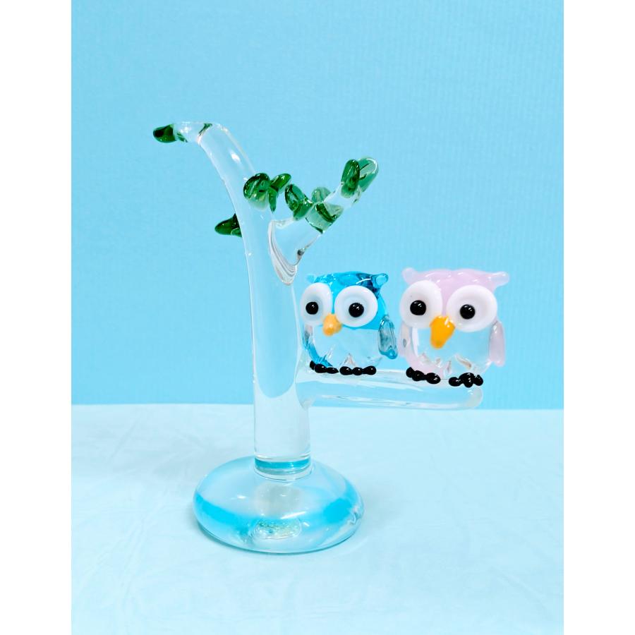 ガラス細工 ふくろうペアと木（青/桃）ミニチュア 雑貨 置物 小物 梟