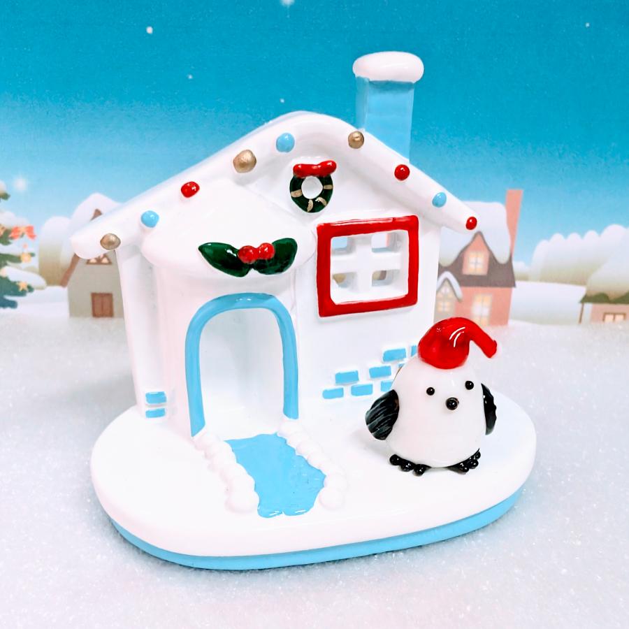 ガラス細工 シマエナガサンタ（黒）とメルヘンハウス（青）ミニチュア