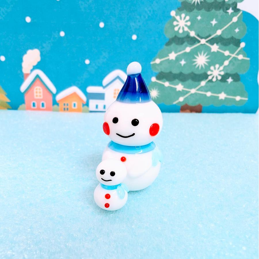 ガラス細工 雪だるま親子（青）ミニチュア 雑貨 置物 小物