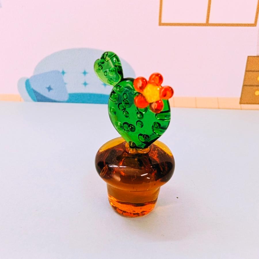 ガラス細工 ミニサボテン花付（ハート）ミニチュア 置物 雑貨 小物 花