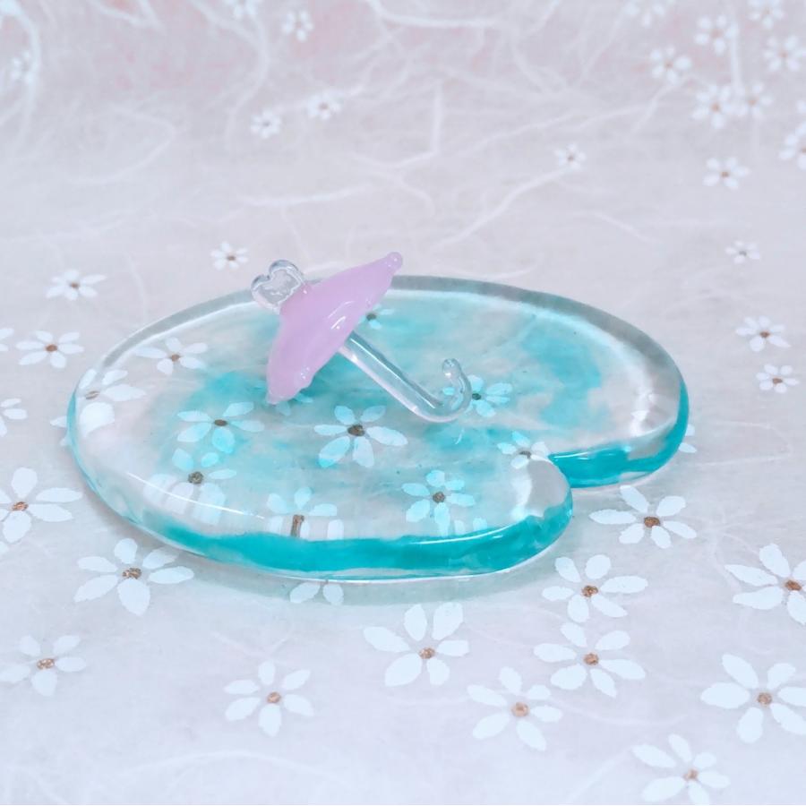 ガラス細工 傘 ピンク（ハート付) ミニチュア 雑貨 置物 小物 雨