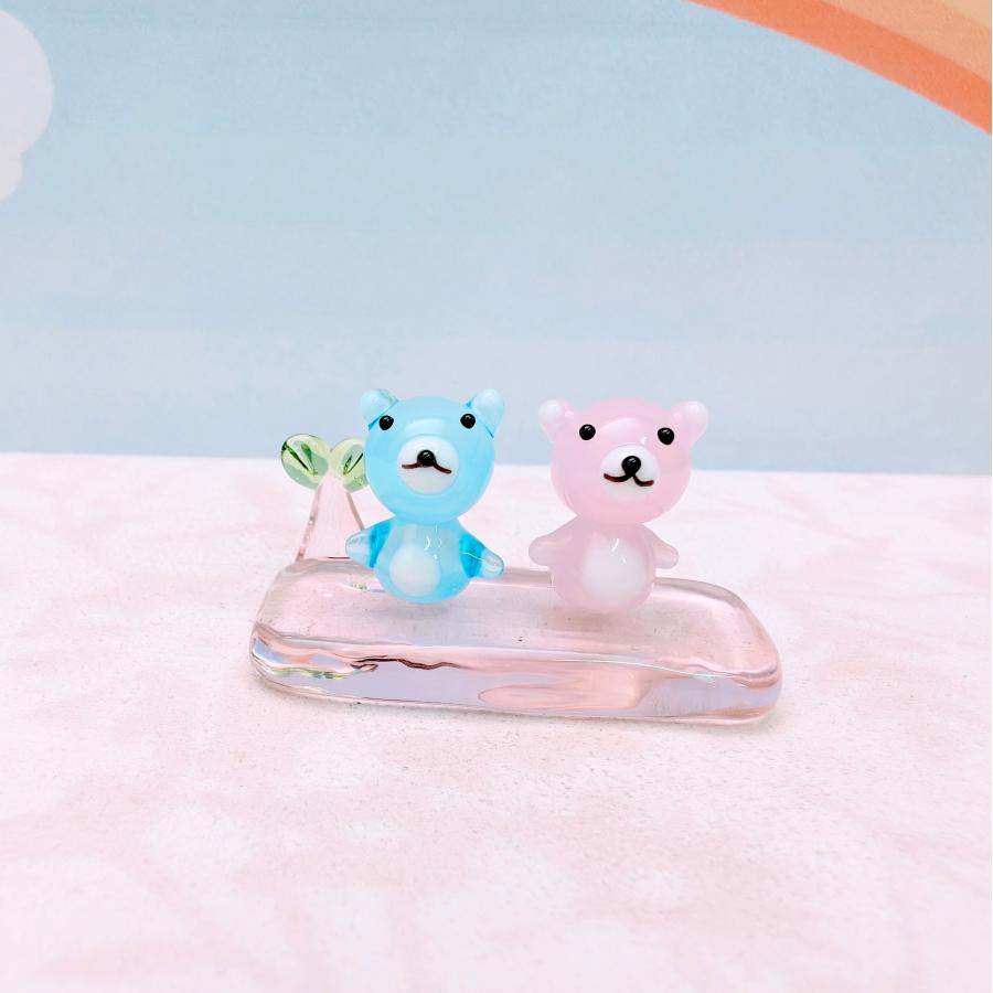 ガラス細工 クマ2人ベンチ（M) ピンク ミニチュア 雑貨 置物 小物 熊 