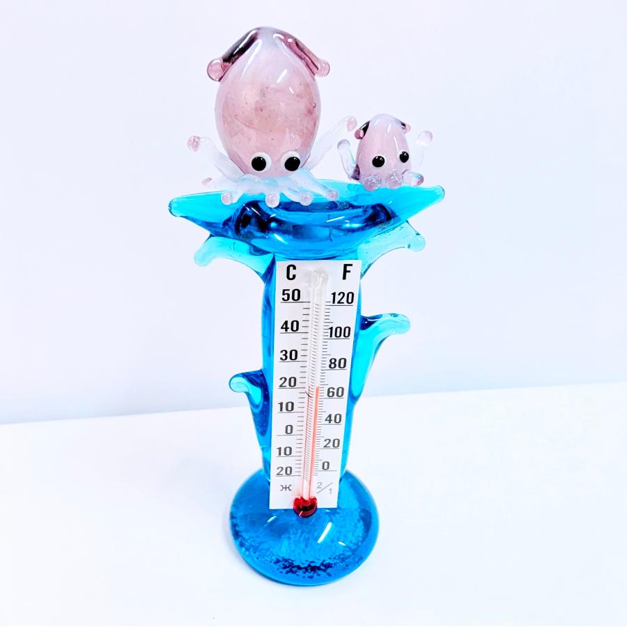 ガラス細工 イカ2匹（紫）温度計（L) ミニチュア 雑貨 置物 小物 烏賊