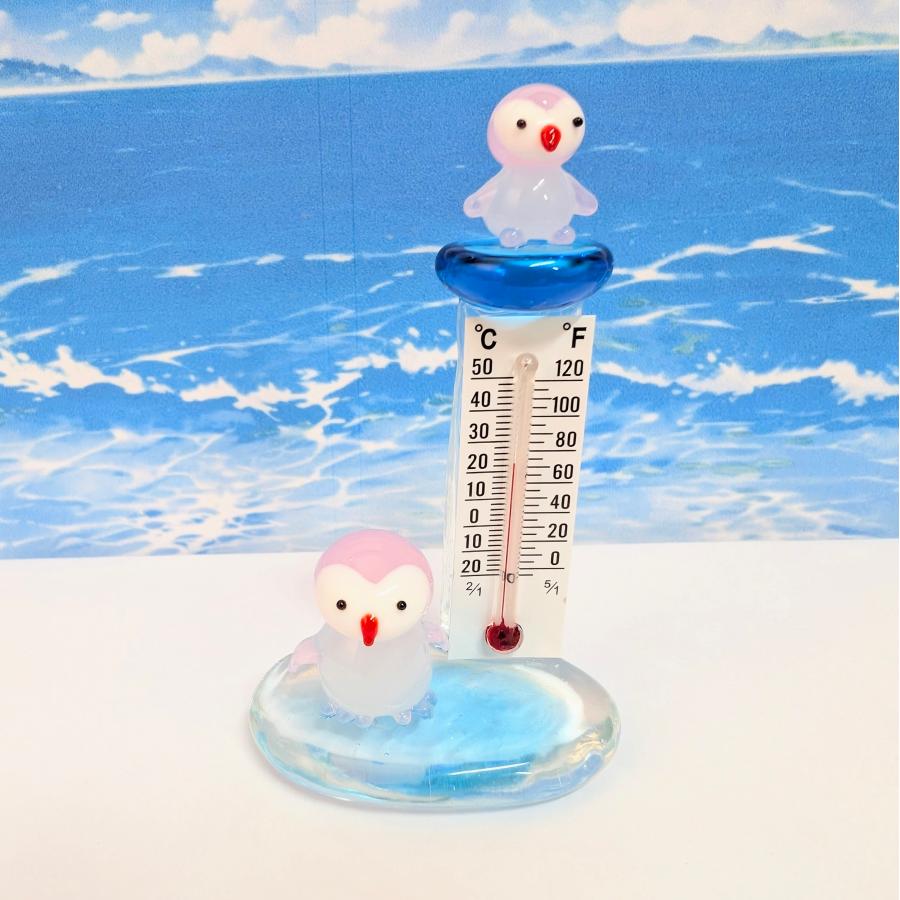 ガラス細工 温度計（S) ペンギン（ピンク）ミニチュア 雑貨 置物 小物