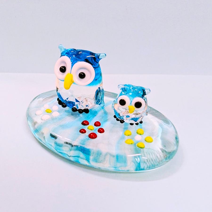 ガラス細工 ふくろう花台ペア（L) 青 ミニチュア 置物 梟 : きたの