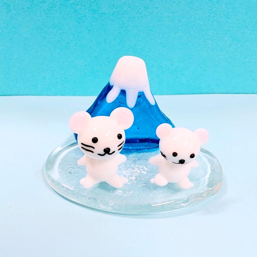 ガラス細工 12支富士山ペア（L) 子（青） ミニチュア 置物 干支 ねずみ