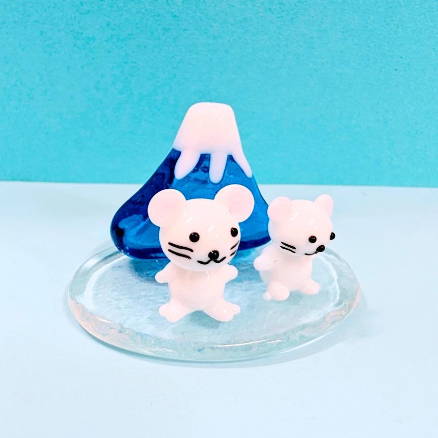 ガラス細工 12支富士山ペア（L) 子（青） ミニチュア 置物 干支 ねずみ