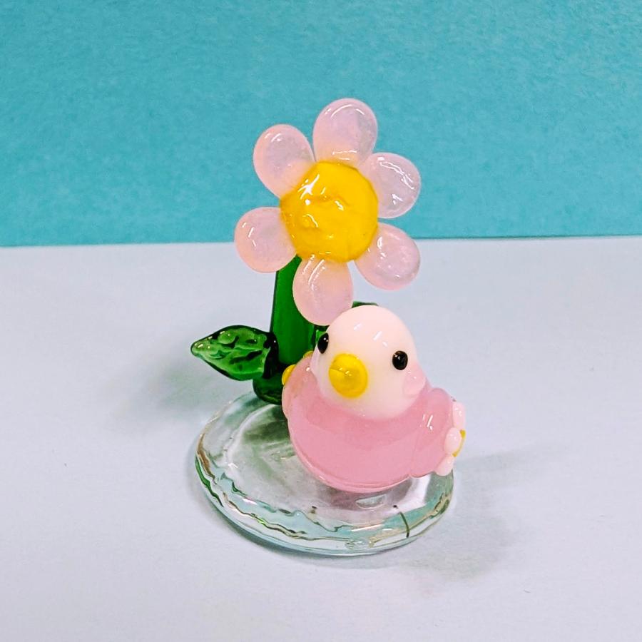 ガラス細工 花インコ（桃）コスモス台（S) ミニチュア 置物 : きたの