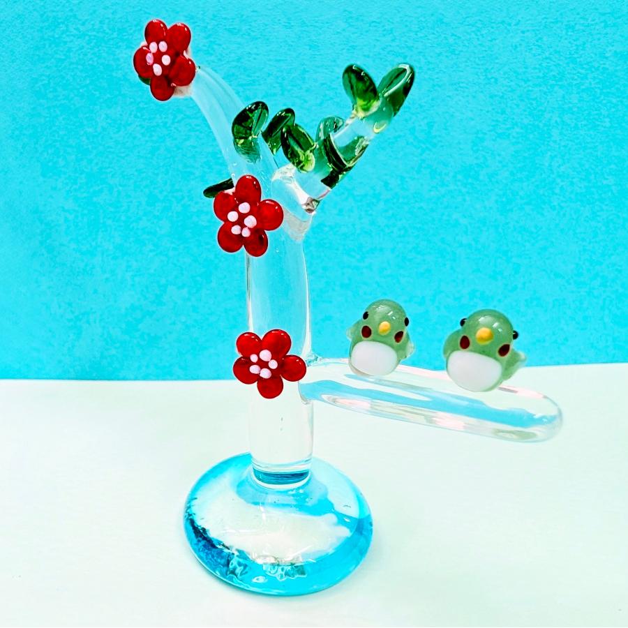 ガラス細工 梅の木とうぐいすペア（クリア） ミニチュア 置物 : きたの