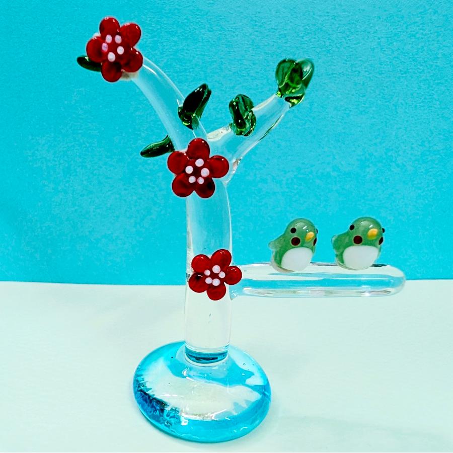 ガラス細工 梅の木とうぐいすペア（クリア） ミニチュア 置物 : きたの
