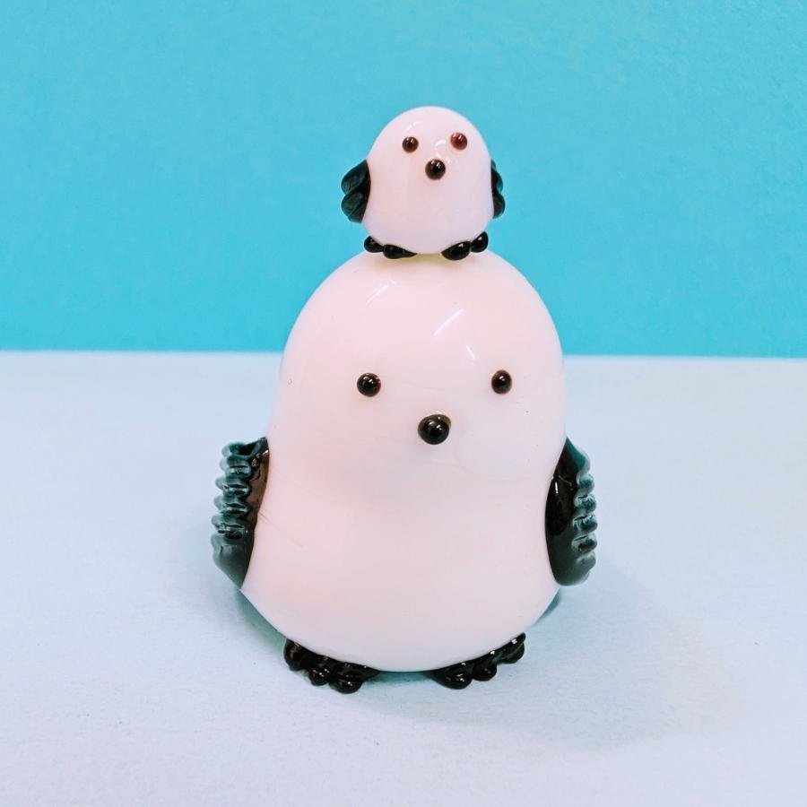 ガラス細工 シマエナガ親子（LL) 黒 ミニチュア 置物 : きたのガラス