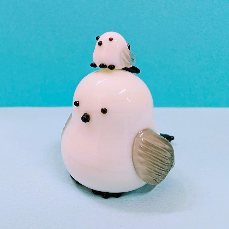 mama　ガラス細工　ミニチュア ガラス細工 シマエナガ親子（LL) グレー ミニチュア 置物 : きたの