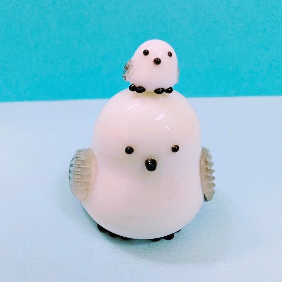 ガラス細工 シマエナガ親子（LL) グレー ミニチュア 置物 : きたの