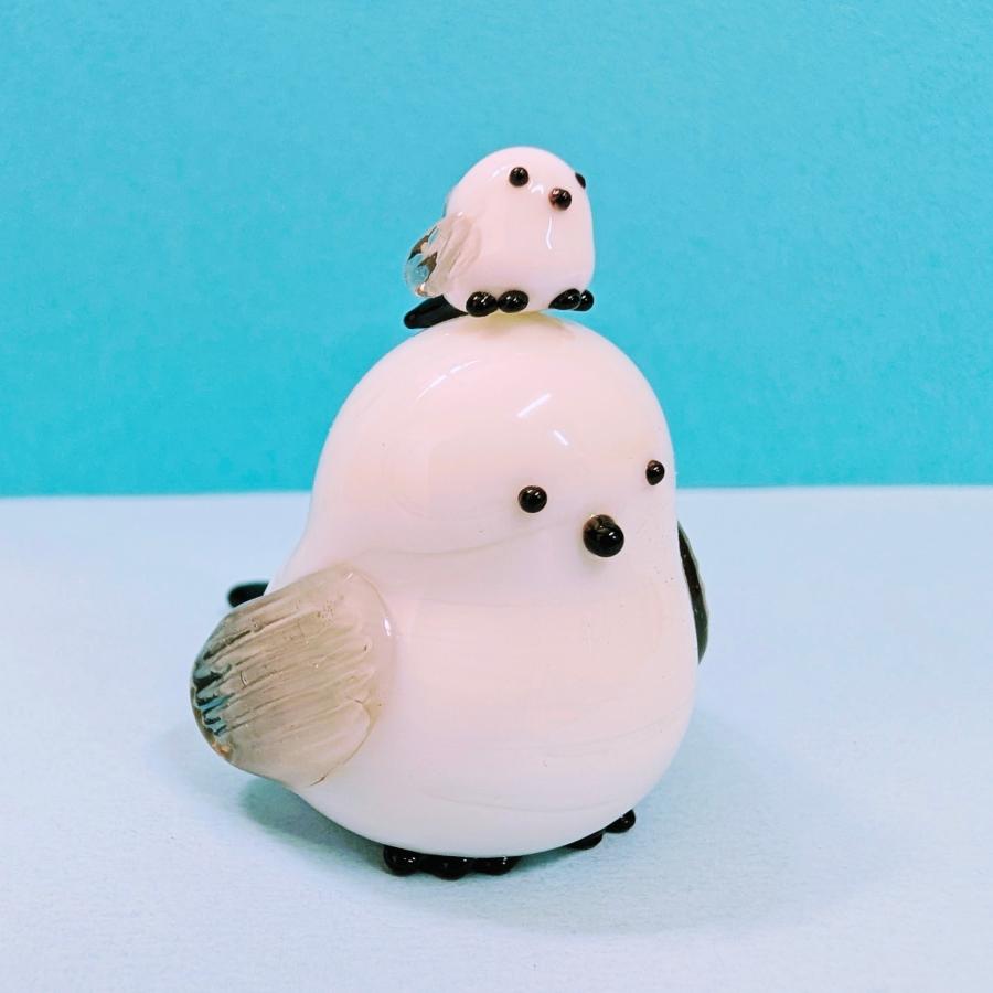 ガラス細工 シマエナガ親子（LL) グレー ミニチュア 置物 : きたの