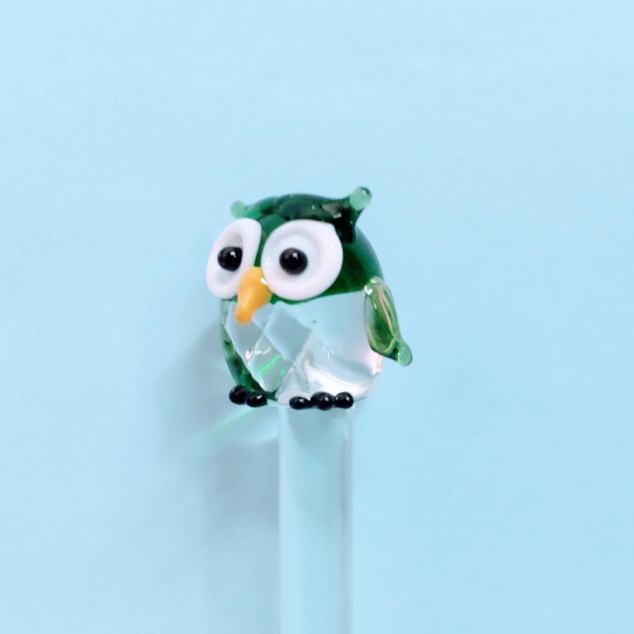 ガラス細工 マドラー フクロウ クリア 緑 ミニチュア 雑貨 小物 : きた