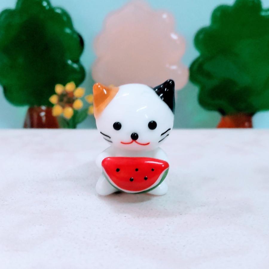 ガラス細工 ミケネコとスイカ ミニチュア 雑貨 置物 小物 猫 西瓜