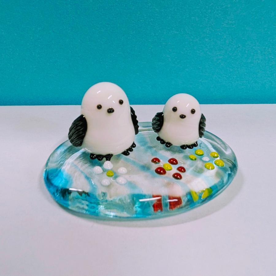 ガラス細工 シマエナガ花台（L) 青 ミニチュア 雑貨 置物 小物 鳥