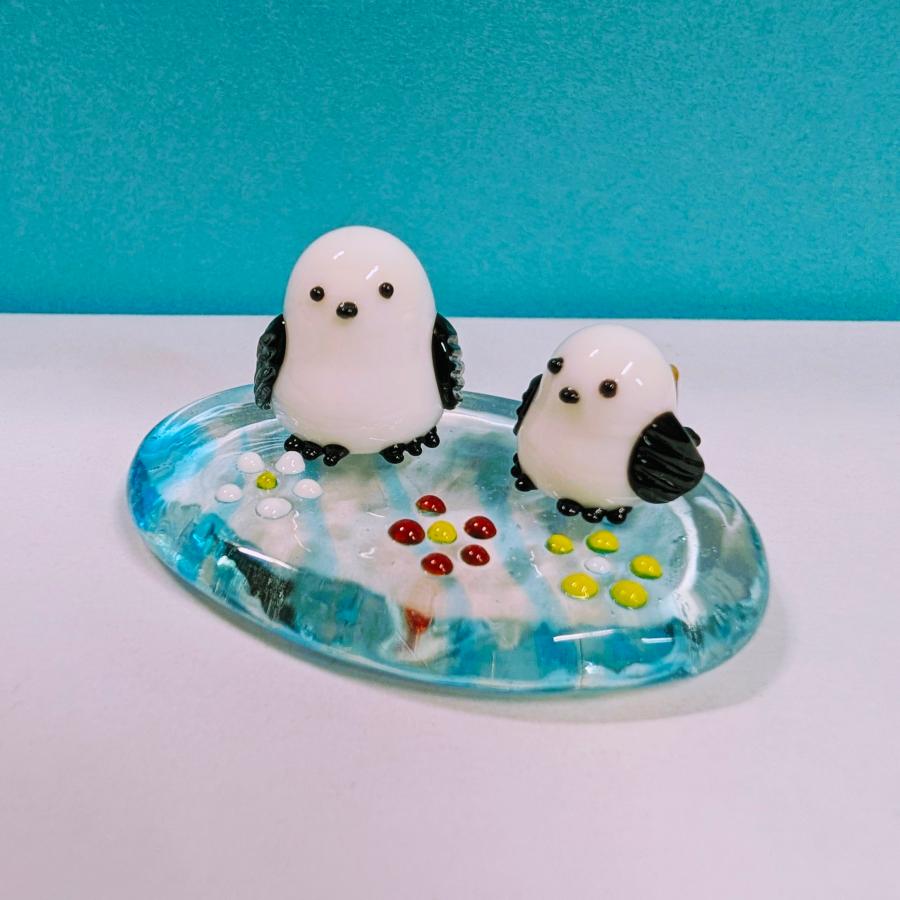 ガラス細工 シマエナガ花台（L) 青 ミニチュア 雑貨 置物 小物 鳥