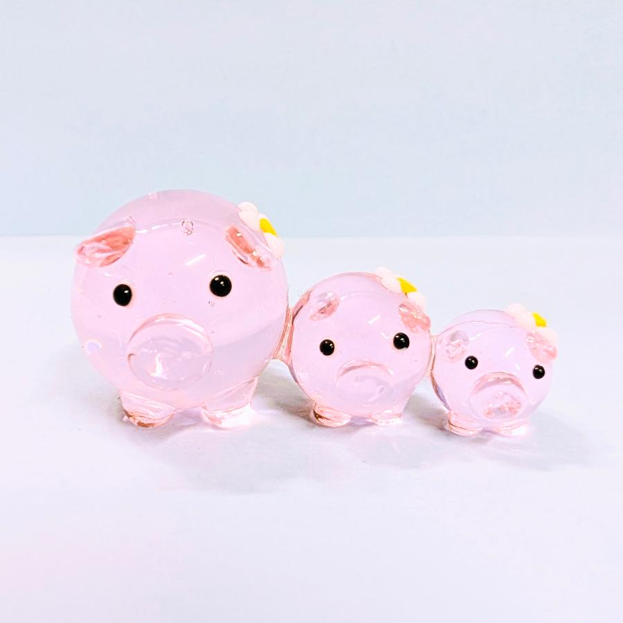 ガラス細工 花ぶた 3匹 ピンク ミニチュア 置物 雑貨 動物 花 ブタ