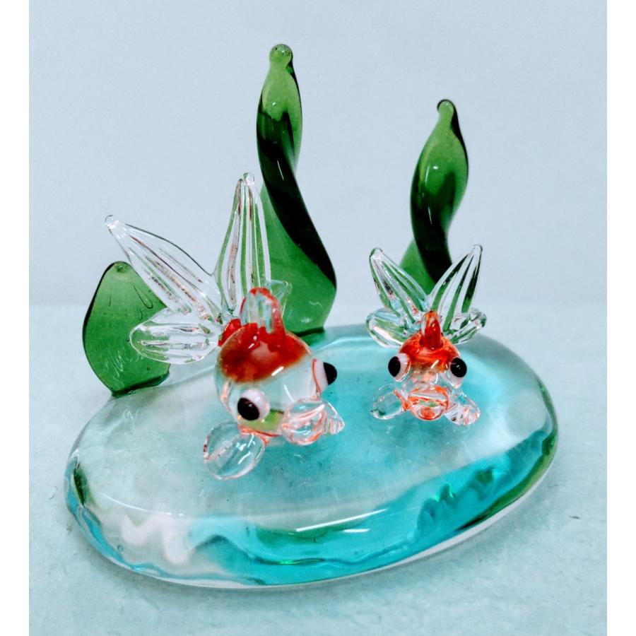 ガラス細工 金魚2匹 クリア 水草台付 ミニチュア 置物 雑貨 夏