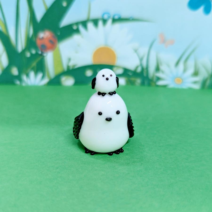 ガラス細工 シマエナガ親子（黒）ミニチュア 雑貨 置物 小物 鳥 北海道