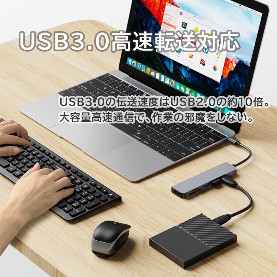 USBハブ ドッキングステーション USB Type-C HDMI SDカードリーダー USB3.0 ポート 6in1 変換アダプター 高速 4K｜bichiku｜07