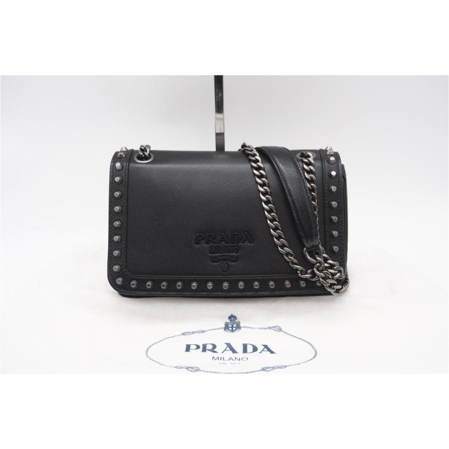 ★3日以内返品可★ 美品 PRADA プラダ レザー ロゴ スタッズ チェーンショルダー 1BD147 ショルダーバッグ | PRADA