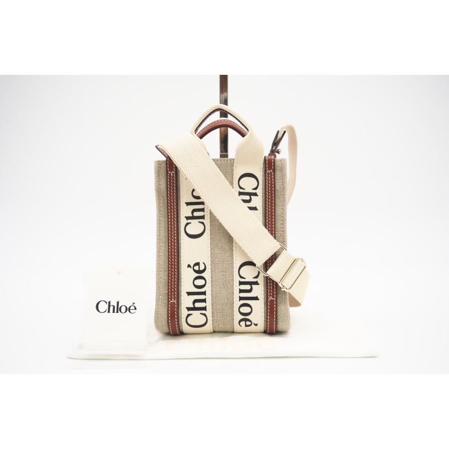 ★3日以内返品可★ 美品 Chloe クロエ ウッディ リネン製 ノースサウス キャンバス レザー ミニ トート | Chloe
