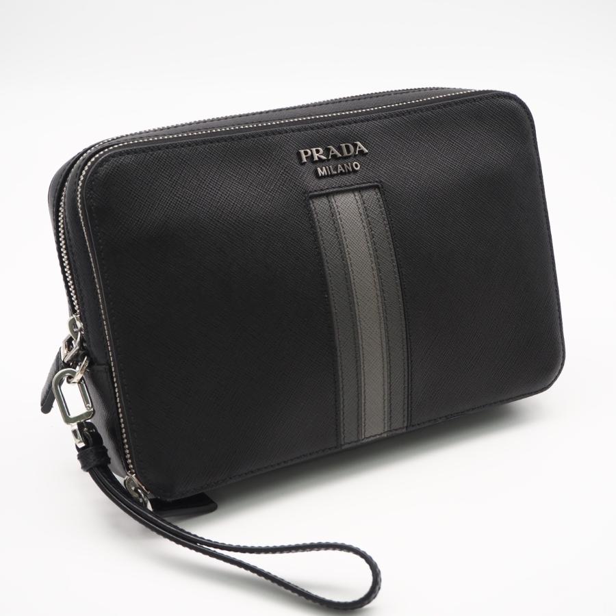 ★3日以内返品可★ 美品 PRADA プラダ サフィアーノ セカンドバッグ 2VF052 クラッチバッグ ブラック グレー | PRADA